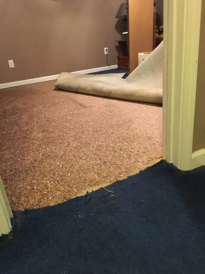 Carpet pad removal revealing water damage during Drying & Dehumidification in North Little Rock